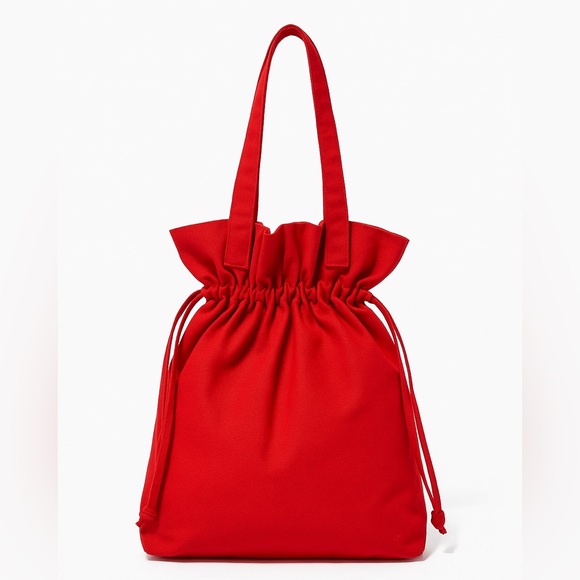 Red Canvas Drawstring Tote Bag with Ruffled Top – Casual Everyday Shoulder Bag - Picture 1 of 3